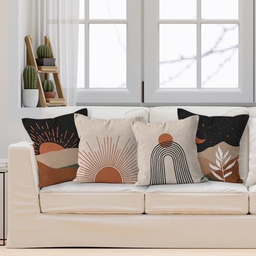 HIWX Boho Pillow Covers, Sun Moon Mountains Decorative Outdoor Throw Pillow Covers, Modern Sunshine Sunrise Landscape for Bedroom Home Decor - Set of 4, 18 x 18 - color: Black-boho-set of 4
