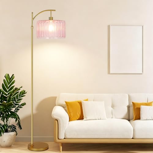 QIYIZM Pink Floor Lamp for Living Room,Bedroom,Gold Dimmable Standing Lamp with Remote,Mid Century Modern Brass Tall Lamp Boho Floor Lamps Arc Stained Glass Flower Floor Light Lamp Girls kids Bohemian - size: 33-Floor Lamp