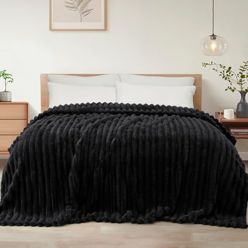 Exclusivo Mezcla California King Size Flannel Fleece Blanket, Super Soft Striped Jacquard Bed Oversized Blanket, Lightweight Fuzzy Cozy for All Seasons, 120x120 Inches, Black - color: Black, size: Cal King ( 120x120 IN )