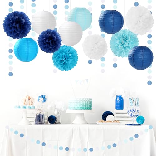 Blue-White Birthday Party-Decorations Paper-Flowers Lanterns - 15PCS Light Royal Tissue Pom Poms Streamers,Classroom Ocean Themed Baby Bridal Shower Bachelorette Wedding Hanging Supplies Decor Hugfond - color: Blue White