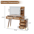 47" Rattan Vanity Table with Mirror and Lights, Brown Makeup Vanity with Storage & 5 Drawers, Boho Vanitys Desk with Shelves for Bedroom, 3 Lighting Modes, Adjustable Brightness (Walnut) - color: Walnut