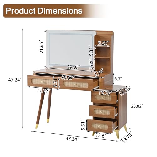 47" Rattan Vanity Table with Mirror and Lights, Brown Makeup Vanity with Storage & 5 Drawers, Boho Vanitys Desk with Shelves for Bedroom, 3 Lighting Modes, Adjustable Brightness (Walnut) - color: Walnut