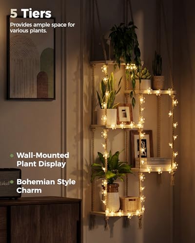 Bamworld Hanging Shelves with Grow Light Plant Hanger Indoor Window Plant Shelves Wood Plant Wall Shelf Window Sill Plant Shelf Indoor Hanging Plant Stand Living Room Decor Garden Boho Decor - size: 5Tier,light
