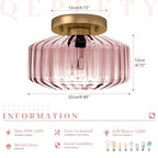 Pink Ribbed Glass Flush Mount Ceiling Light, 8.66" Modern Gold 1-Light Semi-Flush Mount Light Fixture, Mid-Century Round Ceiling Lamp for Bedroom Bathroom Hallway Entryway - color: Small, 8.66" Pink