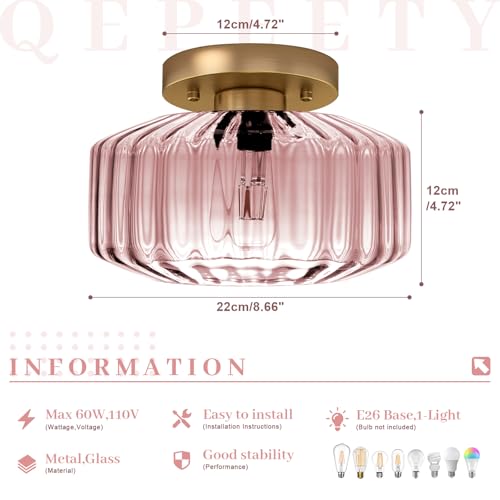 Pink Ribbed Glass Flush Mount Ceiling Light, 8.66" Modern Gold 1-Light Semi-Flush Mount Light Fixture, Mid-Century Round Ceiling Lamp for Bedroom Bathroom Hallway Entryway - color: Small, 8.66" Pink