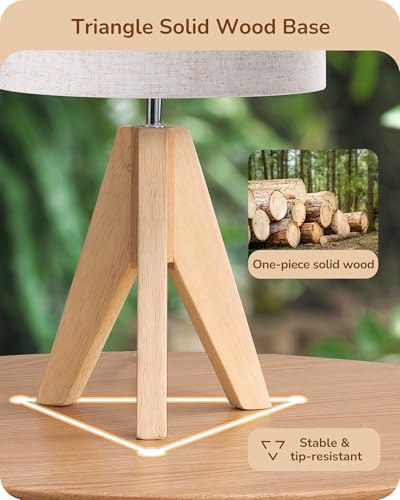 EDISHINE Small Table Lamp, Boho Bedside Lamp with Linen Fabric Shade, Wood Tripod Nightstand Lamp for Nursery, Living Room, Bedroom, Narrow End Table, UL Listed, 14.2 Inch, ON/Off Switch - style: Vintage