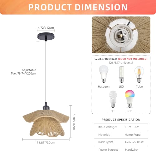 Arturesthome Mini Boho Pendant Light,Woven Twine Chandelier Coastal Hanging Lighting,Adjustable Height Farmhouse Lampshade for Living Room Bedroom Hardwire - size: 11.8"*6.3"