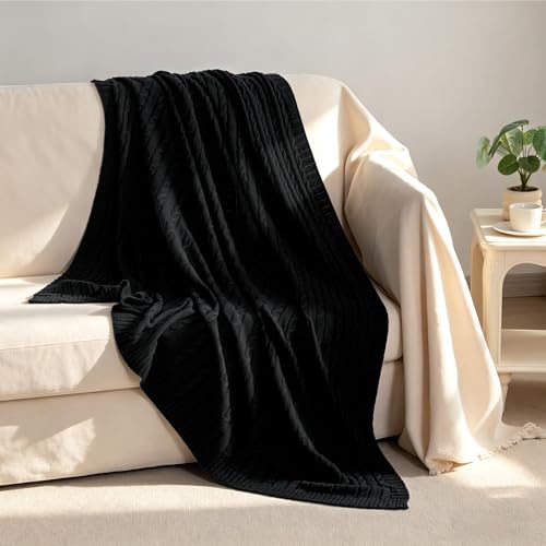 NTBAY 100% Pure Cotton Cable Knit Throw Blanket, Super Soft Warm 51x67 Knitted Throw Blanket for Couch, Sofa, Chair, Bed - Extra Cozy, Machine Washable, Comfortable Home Decor, Black - color: Black, size: Throw(51"x67")