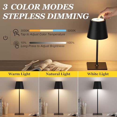 Kakanuo Cordless Rechargeable Table Lamp Black 5000mAh Battery Operated Lamps, 3 Colors Stepless Dimming Touch Lamp for Living Room, Kitchen Counter, Dining, Outdoor Patio, 2 Pack - color: Black 1, size: 2 Pack 14in - Up and Down Light