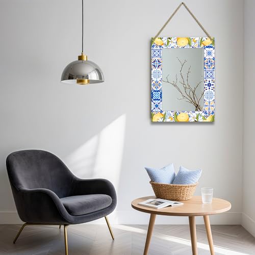 Rectangle Mirror for Wall, 12"x16" Decorative Wall Mirror, Lemon Blue Mosaic Mirrors, Wall Mirrors Decor with Hanging Rope for Living Room, Entryway, Bedroom, Dining, Kitchen - color: Lemon Blue