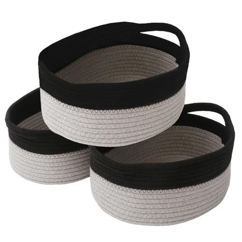 JMvicyroam Woven Basket,Small Rope Storage Bin with Handles & Ribbon Bag, Organizer for Shelves Closets,Gift Basket Empty for Birthday,Books,Dog Toys, Black&Grey/3 Pack - color: Black&Grey, size: 3 Pack