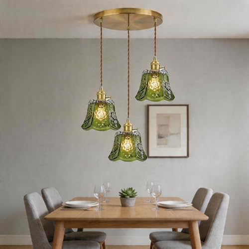 Green Wind Chime Glass Pendant Light, 3 Natural Light Bulbs Included, Adjustable Cord with Switch, Hanging Lamp for Kitchen Island/Dining Room - color: Green 3pcs Flower Pendant Light