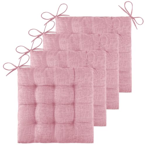 ELFJOY 4 Pack Chair Cushions for Dining Chairs Chair Pads Cushion for Kitchen Office Tufted Textured Square Seat Cushion with Ties (16" Light Pink) - color: Light Pink