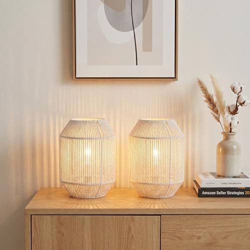 JHY DESIGN Set of 2 Woven Lampshade Table Lamps 8.5" H Cotton Rope Bedside ‌Light‌s Cordless Decorative Battery Operated Lamps with 6 Hours Timer for Bedroom Living Room Weddings Parties Patio - color: 6.5"D Off-white