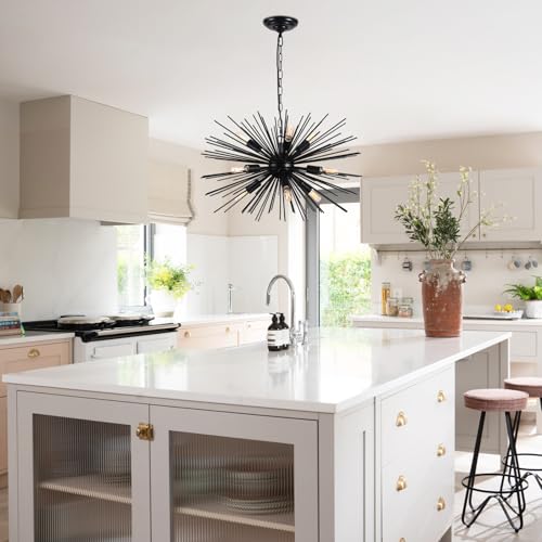 24in Black Sputnik Chandelier Light Fixture Over Table Modern 9-Lights Starburst Chandelier Solid Metal Satellite Sputnik Light Fixture for Dining Room, Kitchen Island, Bedroom,Foyer,Entryway - color: Black 24" 9-Light