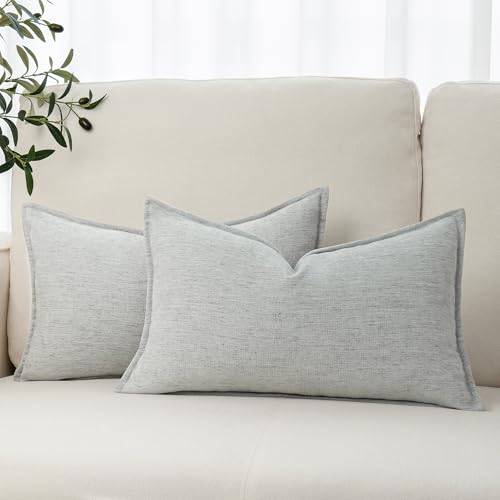 Chenille Linen Lumbar Pillow Covers 12x20 Set of 2, Thick Textured Boho Pillow Covers, Farmhouse Decorative Pillow Covers, Neutral Vintage Accent Covers for Couch Sofa Bed, Pale Blue - color: Pale Blue, size: 20" x 12" (Pack of 2)