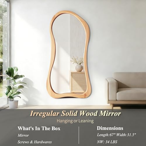 Large Solid Wood Irregular Mirror, 67"x31.5" Organic Floor Mirror with Wooden Frame, Asymmetrical Full Length Mirrors for Entryway Hallway Bedroom Living Room, Leaning/Wall-Mounted - color: Natural Wood Frame, size: 67"L x 31.5"W