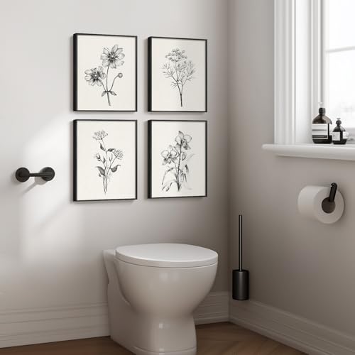 Framed Black and White Floral Wall Art for Bedroom, 4 Piece Vintage Botanical Canvas Paintings Artwork for Modern Farmhouse, Minimalist Flower Pictures for Living Room Kitchen Bathroom Wall Decor - color: Sketch - Black Framed, size: 11" W x 14" H x 4pcs