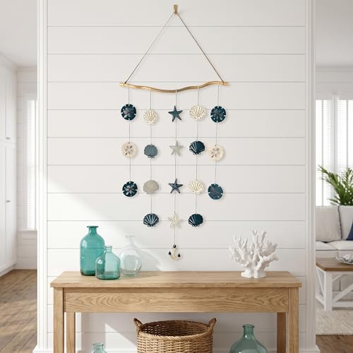 Jhdydz Coastal Beach Wall Art – Capiz Shell & Starfish Wall Decor, Macrame Wall Hanging – Nautical Seashell Decor for Bathroom, Bedroom, Living Room – Boho Beach Themed Room Decor