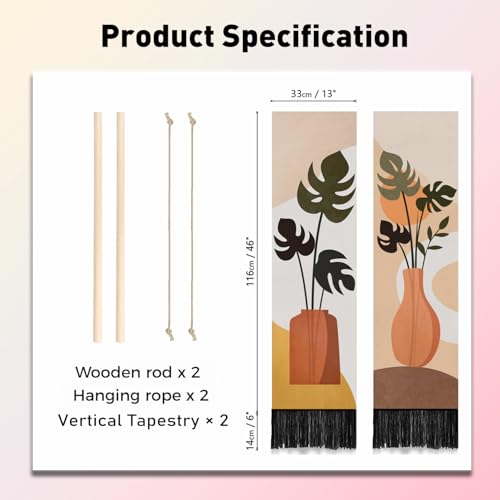 PLIGREAT 2 Pack Bohemia Leaves Tapestry Vertical Plant Tapestry Wall Hanging Vintage Boho Wall Tapestries with Tassels Botanical Aesthetics Long Narrow Tapestries for Living Room Bedroom Home Decor - color: Orange and Green