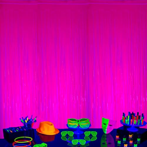 DECOCKRAT 2 Pack Foil Fringe Backdrop - Fluorescent Rose Red Shiny Tinsel Curtains for Party Decoration/Photo Booth Props - 3.3x6.6 FT Metallic Foil Backdrop for Birthday/Wedding/Graduation/Christmas - color: Fluorescent Rose Red