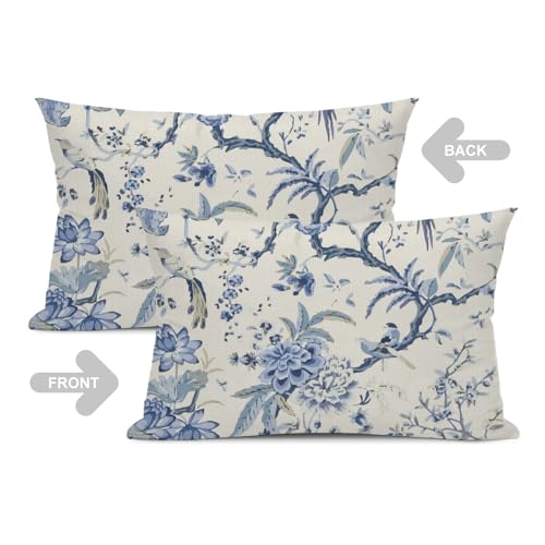 Chinoiserie Lumbar Pillow Covers 12 x 20 Set of 2 Birds Floral Linen Throw Pillow Cover Vintage White and Blue Farmhouse Decorative Pillowcases for Living Room Couch Bed Sofa Outdoor - color: Chinoiserie Bird, size: 20" x 12" (Pack of 2)