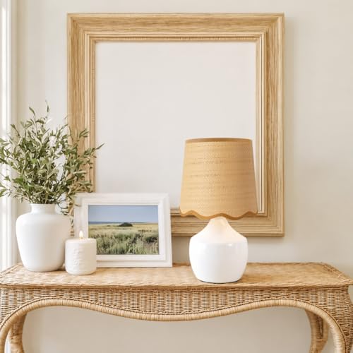 Boho Rattan Ceramic Table Lamp,Small White Ceramic Bedroom Bedside Nightstand Lamp with Rustic Woven Shade,Small Coastal Desk Lamps for Living Room End Table Kids Room