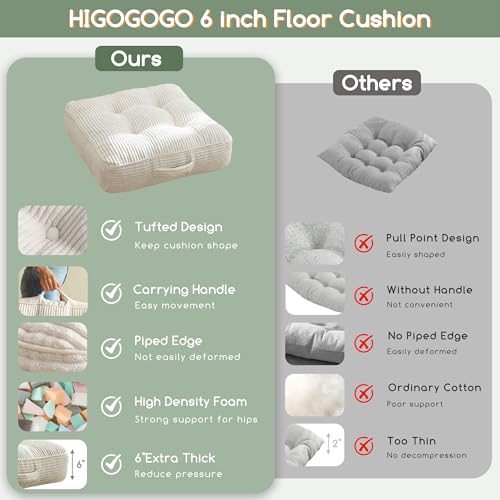 HIGOGOGO 6" Extra Thick Floor Pillow Cushion for Adults, Meditation Cushion Pillow, Large Square Floor Sitting, Tufted Corduroy Cover, for Tatami Living Room or Yoga, 22x22 Inch, 2Pack, Beige - color: Square Beige, size: 6" Thick(Pack of 2)