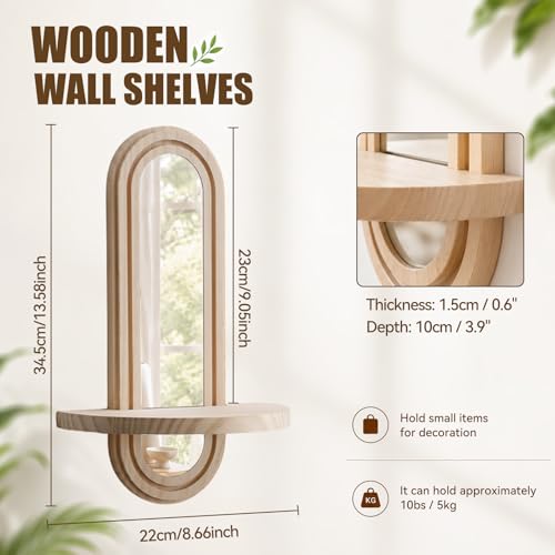 Artilady Floating Shelves with Arched Mirror, Boho Wall Decor Farmhouse Wood Wall Mounted Shelf for Bathroom Bedroom Living Room Wall Art (Beige with Mirror) - color: Beige With Mirror