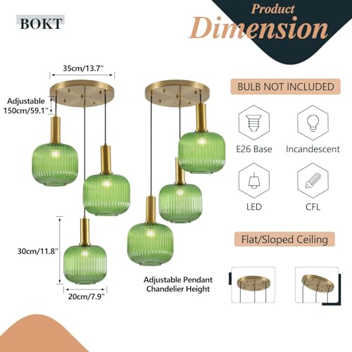BOKT Green 3-Light Cluster Pendant Lights Mid Century Modern Ceiling Hanging Lighting 7.9" Farmhouse Gold Pendant Lights Kitchen Island with Ribbed Hand Blown Glass for Living Room Dining Room - color: Green 3-Light