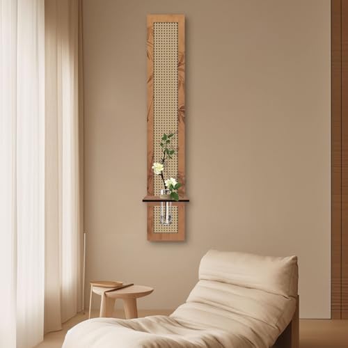 YOOSART 8" x 47" Boho Vertical Rattan Wall Art with Water Vase Stand, Neutral Style Wall Planter Decor with Artificial Floral Accents, Tall Narrow Wall Decor for Living Room, Entryway (Bamboo Weaving)