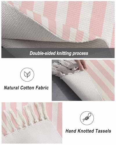 Pink Stripes Kitchen Runner Rug 2'x4', Washable Woven Cotton Area Rug with Tassels Bathroom Hallway Rug, Farmhouse White Simple Vertical Striped Entryway Bedroom Rug Non Slip Throw Rug Carpet - color: Pink, size: 2 x 4 ft