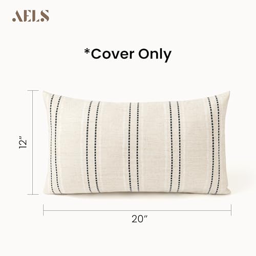 AELS 12x20 Decorative Farmhouse Linen Throw Pillow Covers, Boho Textured Pillow Case, Set of 2, Beige with White & Black Stitch Yarn Dyed Stripe Cushion Cover for Sofa Couch Living Room (Cover ONLY) - color: Beige With White & Black, size: 20" x 12" (Pack