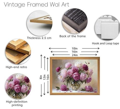 Framed Pink Peony Flower Wall Art, Oil Painting Style Floral Botanical Canvas Print Poster, Flowers Wall Decor for Living Room Bedroom, Rustic Home Decoration, - color: Peony flowers, size: 24"L x 16"W