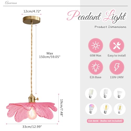Pink Glass Pendant Lights Fixtures Flower Hanging Ceiling Light Girls Room Mid Century Pendant lamp Gold Chandelier for Kitchen Island Dining Room Foyer Cafe - color: Pink, Hardwired, size: Hardwired