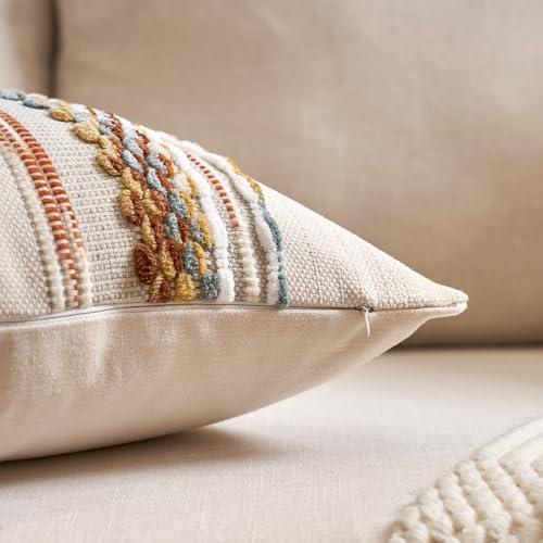 Aeckself Boho Throw Pillow Covers 18x18 Inch Set of 2, Farmhouse Decorative Striped Square Pillow Covers Chenille Tufted Pillow Cases Accent Neutral Pillowcase for Living Room Couch Bed, Orange White - color: Orange White