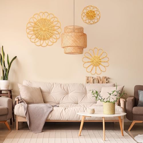 Weysat Sunflower Boho Wicker Wall Decor Baskets Set of 3, 11.81 Inch Round Macrame Wall Hanging, Rattan Rustic Art Country Style for Bathroom Living Room Garden Office Nursery Decor