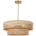 21.6 Inch Boho Rattan Chandelier, 5-Lights Hand Woven Bohemian Chandeliers with 2-Tier Drum Wicker Shade, Modern Farmhouse Large Pendant Light Fixture for Dining Room Living Entryway Bedroom - color: Gold Metal, size: 21.6 Inch