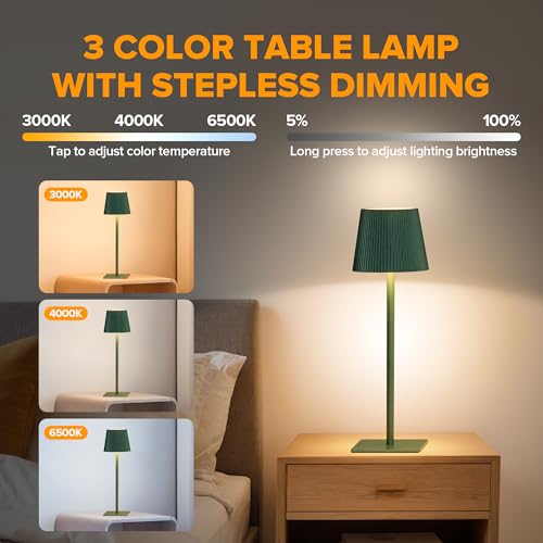 LUTEC 4 Pack Cordless Table Lamp,6000mAh Rechargeable Battery Operated Desk Lamp,Two Adjustable Heights,Waterproof, Touch Control & 3 Color Stepless Dimming for Restaurant/Bedroom/Bars/Outdoor (Green) - color: Green
