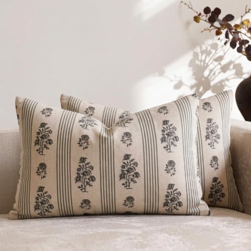 Amor Virisso Floral Throw Pillow Covers 12 x 20 Set of 2 Block Print Pillow Covers Neutral Floral Striped Farmhouse Decorative Pillow Covers for Sofa Couch Bed, Dusty Green - color: Dusty Green, size: 20" x 12" (Pack of 2)