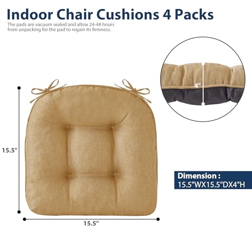 IASEAHK Chair Cushions for Dining Chairs, Seat Cushions for Kitchen Chairs, Indoor Seat Cushions with Ties, Tufted Foam Chair Pads, Non Slip Chair Cushions Set of 6, 15.5" x 15.5" x 4", Khaki - color: Khaki, size: Pack of 6