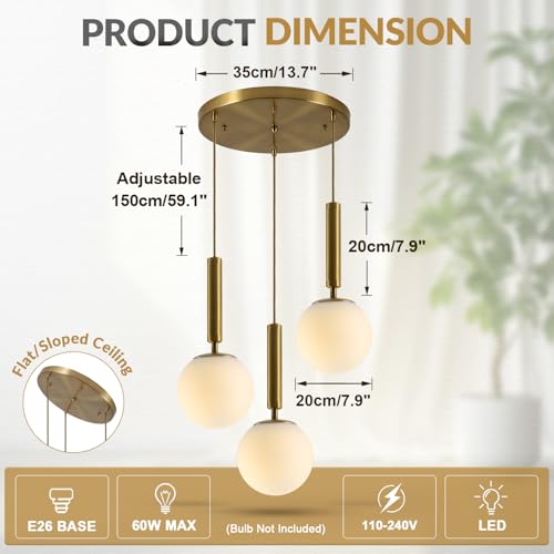 BOKT Modern 3 Light Cluster Pendant Lights Kitchen Island Mid Century Adjustable Brushed Gold Globe Chandelier Pendant Light Fixture Retro Vintage Milk White Glass Round Multi Hanging Ceiling Light - color: Gold-3Light