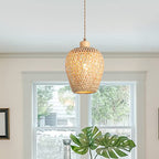 Bamboo Pendant Light Fixture One-Light Adjustable Boho Basket Handmade Woven Mini Pendant Lighting for Kitchen Island Sink Farmhouse Home - color: Natural-5