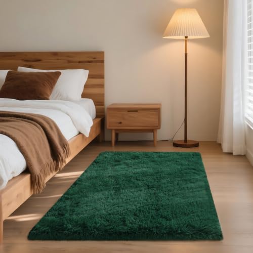 3x5 Dark Green Rugs for Bedroom Living Room, Fluffy Small Area Rug Soft Shag Non-Slip Carpet for Kids Boys and Girls Room Dorm Indoor Home Decor (3ft x 5ft, Dark Green) - color: Dark Green, size: 3' x 5' (Rectangular)