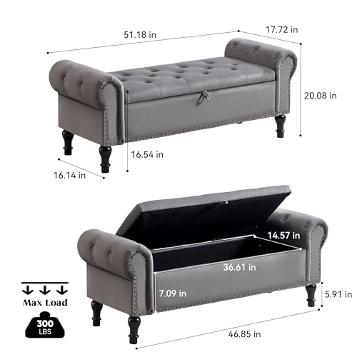 51" Storage Bench for Bedroom, Velvet End of Bed Bench, Queen Size Bench with Rolled Arms, Tufted Storage Ottoman Benches, Upholstered Bench for Bedroom, Living Room, Entryway, Grey - color: Grey, size: 51inch-velvet