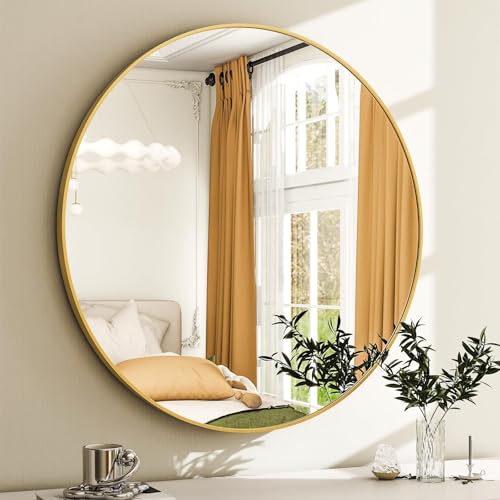 48 Inch Round Bathroom Mirror - Black Wall Mounted Circle Mirror with Metal Frame, Modern Round Hanging Mirror Suitable for Bathroom, Vanity, Entryway, Living Room - color: Gold, size: 20"L x 20"W