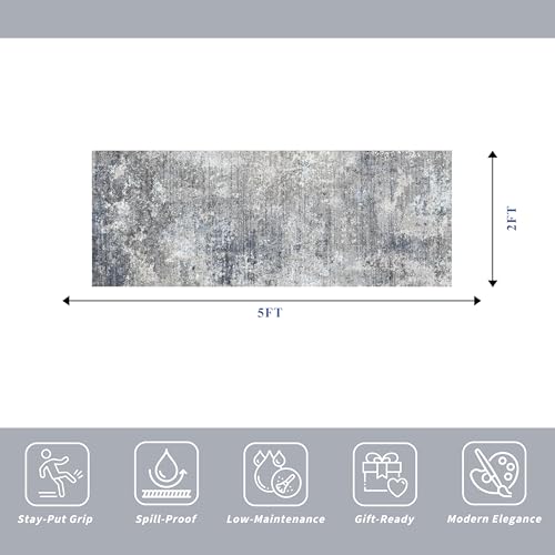 2x5 Rug Runner Non-Slip Washable– Modern Neutral Abstract Kitchen Bathroom Hallway Bedroom Area Rug – Soft Thin Low-Pile Small Short Floor Mat (Blue Grey,2x5) - color: Blue Gray, size: 2' x 5' (Rectangular)