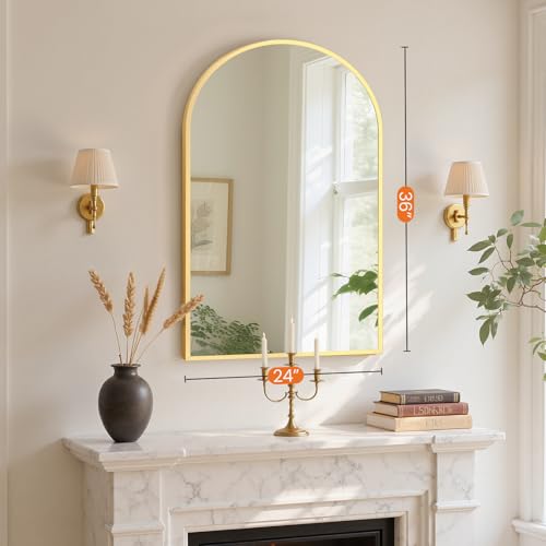 Sweetcrispy 24"x 36" Arched Gold Bathroom Mirrors for Wall | Bathroom Mirrors for Over Sink, Metal Framed with HD Shatter-Proof Glass for Entryway, Bedroom, Home Decor - color: Gold, size: 36"L x 24"W