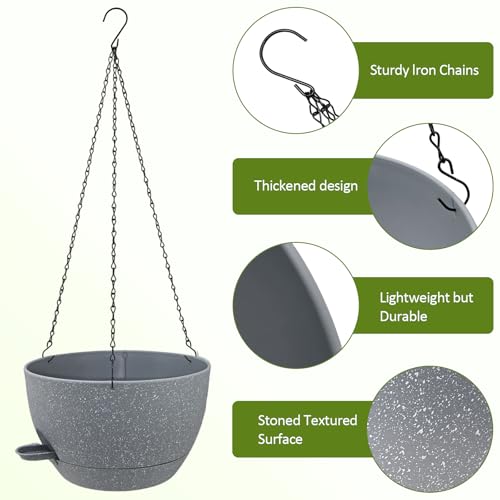 WOUSIWER Self Watering Hanging Planters, 2 Pack 12'' Plastic Pots with Drainage Holes & Reservoir Tray (Speckled Grey) | Indoor & Outdoor Use for Ferns, Ivy, Herbs, Succulents - color: Grey Speckled, size: 2 Pack 12 inches