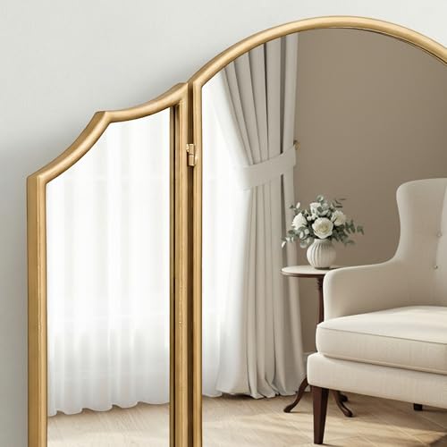Besdomus Gold Scalloped Vanity Mirror: 36"x24" Large Modern Three Sided Dresser Miror - Minimalist Wood Frame 3 Way Trifold for Bedroom/Cloakroom/Dressing Room - Home Decor for Housewife - color: Gold Leaf, size: 24"L x 36"W